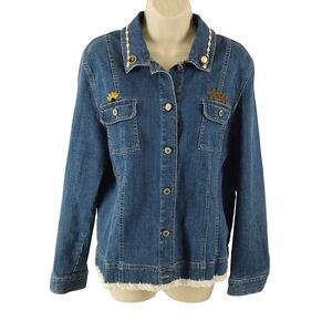 JM Collection Embellished And Crochet Accented Denim Jean Jacket